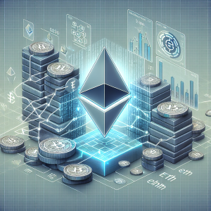 Visual representation of the Ethereum blockchain platform showing its functionality and the digital currency ETH. The image should showcase a series of interconnected blocks, symbolizing the decentralized network of Ethereum, and a chart indicating the fluctuations in the value of ETH cryptocurrency. Inclusion of relevant symbols like the ETH logo and a digital market chart are recommended. The colors should be predominantly blue and grayscale to align with the theme of blockchain and cryptocurrency.