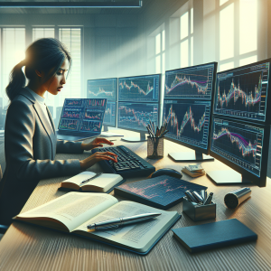 An image illustrating the concept of technical market analysis. Depict a carefully organized desk in a modern office space bathed in soft, natural light. Essential tools for trading should be prominently displayed: multiple computer monitors showcasing colorful graphs and fluctuating stock prices, a notebook for strategic planning, and a sleek, silver pen. Include a young South Asian female trader deeply engrossed in her work, analyzing data and making investment decisions. A book on 'Technical Analysis' is open on the corner of the desk for quick reference.