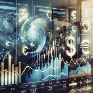 A detailed graphic illustrating the fluctuating foreign exchange rates between the Dollar and Euro currencies, represented in dynamic line graphs on a modern financial dashboard. Some key elements include: bar and line graphs showing the calculation of changes over various timeframes (daily, monthly, and annually), a globe symbol indicating the global relevance of these currencies, and elegant combinations of blue, silver, and gold colors to symbolize the high market value of these two currencies. The background should be a professional office setting to foreground the serious nature of foreign exchange trading.