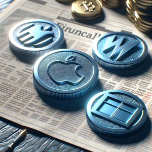 An interesting scene showing symbolic representations of financially appealing stocks: a blue chip for tech giant corporations. There are three chips, with each one representing a well-known tech company. The first chip is shiny and polished, with a bitten apple pattern engraved onto it. The second one has a lightning bolt pattern, signifying rapid advancement and power. The third one is square-shaped and has a window etched into it symbolizing openness and potential. The chips are placed on a table with a detailed financial newspaper spread underneath them.