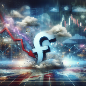 An environment of economic activity representing a currency market where the British pound symbol is falling to the ground, illustrating the concept of decline. Surrounding this scene, various charts and graphs are showing a downward trend. In the background, elements of uncertainty — swirling clouds, blurry images, or unclear pathways — represent the unknown future of the currency market.