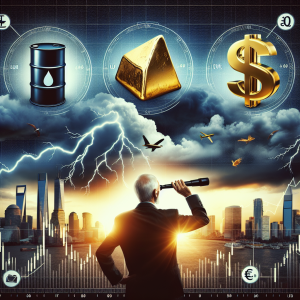Create a high-quality, conceptual image about a short-term forecast. Depict three icons: an oil barrel to symbolize crude oil, a chunk of gold for the precious metal, and the EUR/USD symbol for the currency pair. Show a storm brewing over the horizon to indicate uncertainty, and a calm sky to represent a stable outlook. Include a mid aged Caucasian man looking through a telescope towards these symbols, symbolizing scrutiny and prediction in the financial markets. Add analytical tools such as graphs and charts sprawled around him, symbolizing in-depth financial analysis.