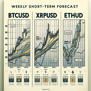Visual representation of a weekly short-term forecast for BTCUSD, XRPUSD, and ETHUSD. Imagine a clean, crisp design with three separate charts layered on a neutral background. Each chart should represent the value fluctuations of Bitcoin (BTCUSD), Ripple (XRPUSD), and Ethereum (ETHUSD) respectively. The charts should include line graphs tracking their performance over the upcoming week. Include markers for important data points and potential value spikes. Ensure all graphs are clearly labelled with corresponding cryptocurrency symbols.