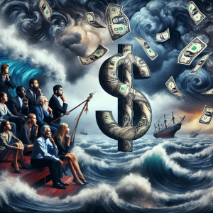 An intense, multifaceted representation of the tension between investors and the fluctuating dollar. Imagine a stormy scene with investors of diverse descents and genders, weathering a storm at sea, the tempest displaying different dollar symbols. Alongside, the investors appear a bit strained as they navigate this turbulent financial landscape. Their eyes are fixated on the charismatic dollar symbol amongst the waves, indicating the fluctuating state of this currency. The atmosphere should convey both risk and potential, reflecting the uncertainties and expectations in the world of investing.