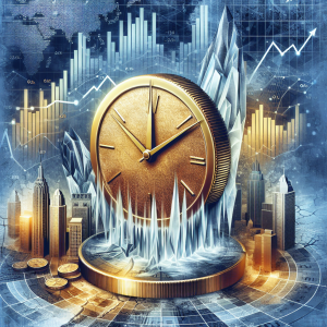 A conceptual illustration represents the financial theme of Hydraena's economy. Picture a frozen clock, symbolising a slowdown, embedded in a large gold coin symbolising investment. The background is filled with a landscape of skyscrapers, evoking an economic landscape. The colour palette should predominantly consist of golden and metallic hues, reflective of the financial theme, with contrasting darker shades for the slower parts. Secondary elements include bar charts and trend lines gently receding into the background, emphasising the analytical nature of investment decisions.