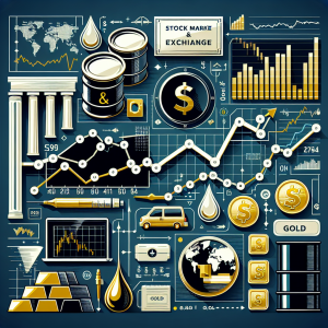 Create a detailed image representing the topics of stock market exchange, with a focus on Standard & Poor's, oil, and gold. Design it to be suitable for a financial article cover. Incorporate elements such as line graphs showing trends, barrels of oil, gold bars, and other related symbols. It should have a professional feel and appear as an expert visual overview of financial forecasts.