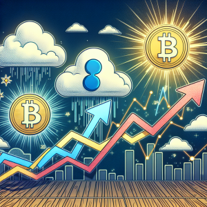 Visualize the concept of a short-term forecast for Bitcoin (BTC), Ripple (XRP), and Ethereum (ETH) for the current week. Illustrate three arrows, each representing these cryptocurrencies, moving along a path marked by the seven days of the week. Show the arrows navigating through clouds of uncertainty and bursts of sunshine, with their heights varying to represent the fluctuation in their value.