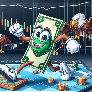 A glossy illustration of a dollar bill personified as a wild, crazy character, running around in circles. On a backdrop of a trading board, digital graphics of stock markets show a volatile trend. Also present in the scene are hawk figures, depicted as playing a board game, symbolizing 'hawks' in the financial markets. Convey economic concepts in a playful, cartoonish style.