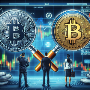 A detailed and accurate representation of Bitcoin and Bitcoin Cash logos positioned next to each other, symbolizing their connection. Between them, a magnifying glass is examining their differences, indicating the key variations between the two digital currencies. This is all against a backdrop of a computer screen displaying real-time cryptocurrency exchange rates. At the bottom of the image, an abstract portrayal of investors: a South Asian man and a Caucasian woman, both professionally dressed and scrutinizing the information displayed.